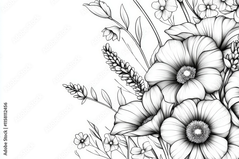 A black and white drawing of flowers with a white background A black and white drawing of flowers with a white background