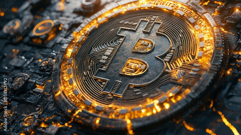 Glowing Bitcoin Cryptocurrency Coin on Circuit Board Glowing Bitcoin Cryptocurrency Coin on Circuit Board