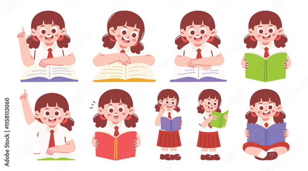 Female Elementary Student Reading Book and Raising Hand Female Elementary Student Reading Book and Raising Hand