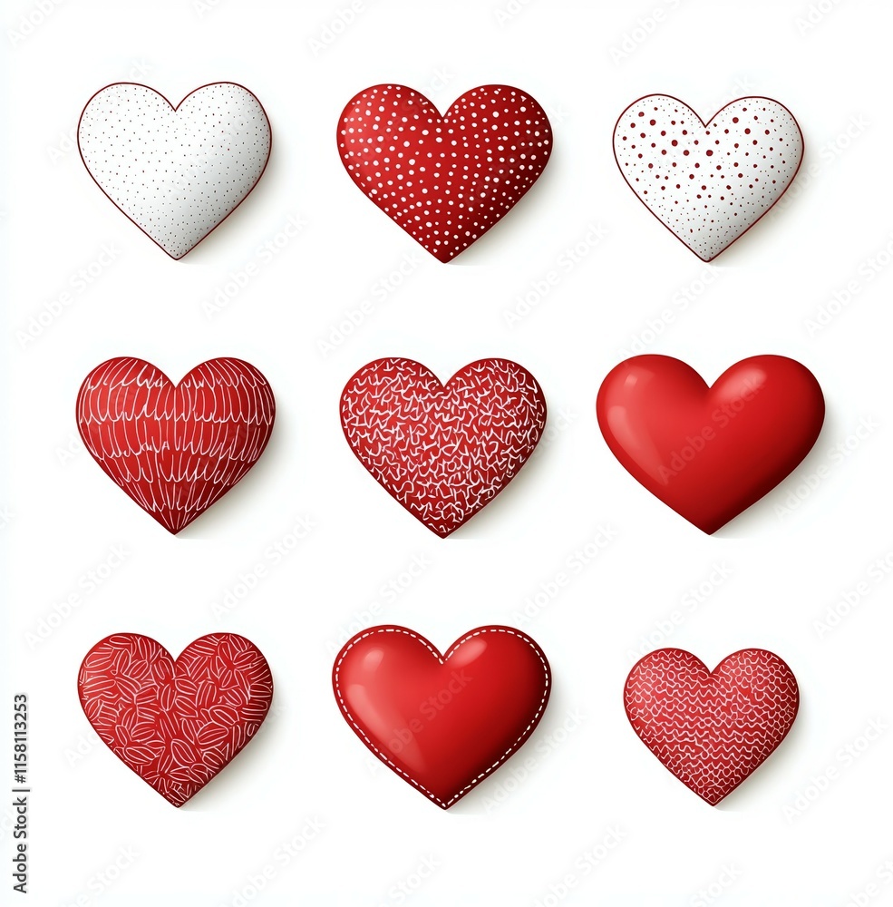 A set of nine red hearts with white polka dots A set of nine red hearts with white polka dots