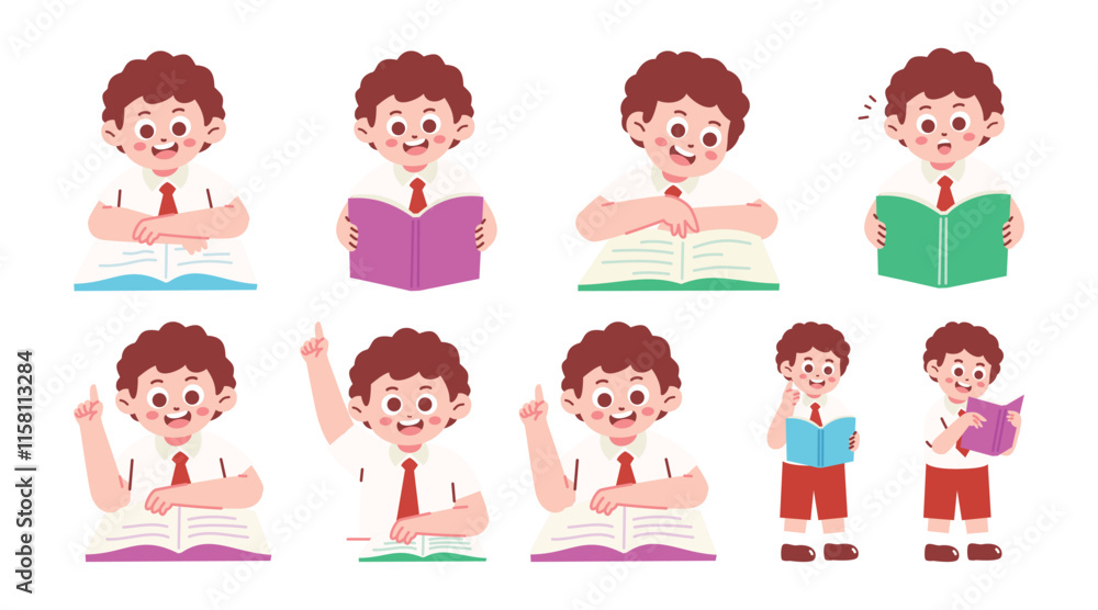 Male Elementary Student Reading Book and Raising Hand Male Elementary Student Reading Book and Raising Hand