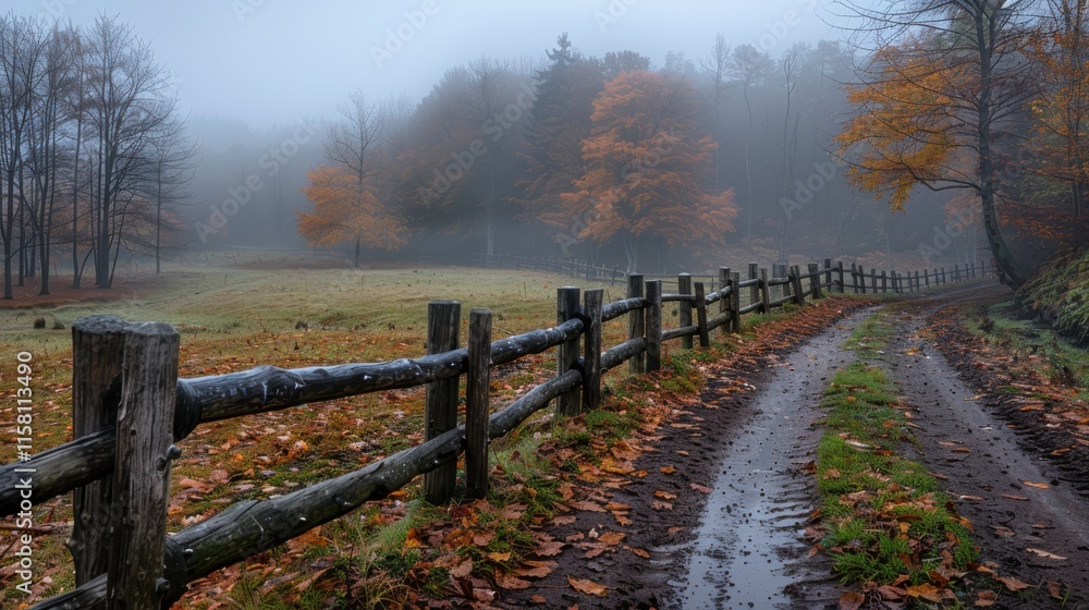 Obraz premium Serene Autumn Landscape with Fog and Dirt Pathway in Forest