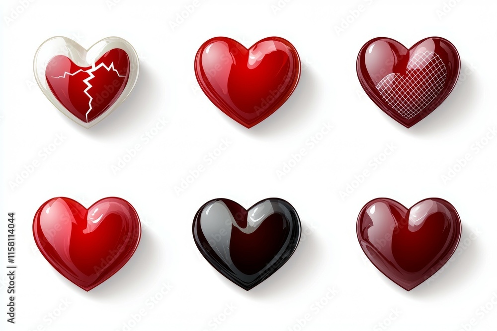 A set of six hearts, some of which are broken, are shown on a white background A set of six hearts, some of which are broken, are shown on a white background