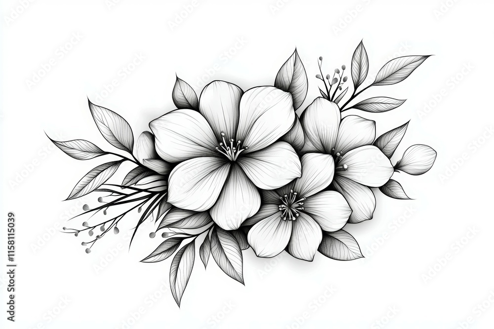 Obraz premium A black and white drawing of a flower with a leafy stem