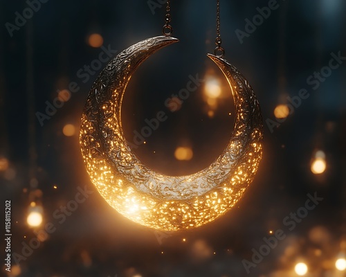 Glowing crescent moon ornament. photo