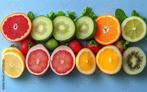 Colorful fruit halves arranged on blue background. photo