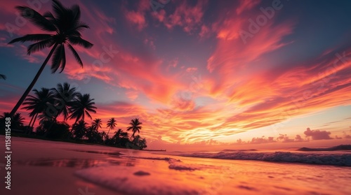 Tropical Beach Sunset Silhouette Palms Ocean Sky