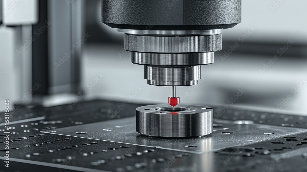 High-precision CNC machined part with complex structure being inspected by a Coordinate Measuring Machine (CMM) in a clean, high-tech quality control lab, with the red probe visibly touching the part. High-precision CNC machined part with complex structure being inspected by a Coordinate Measuring Machine (CMM) in a clean, high-tech quality control lab, with the red probe visibly touching the part.