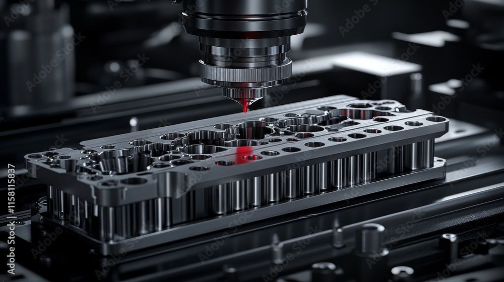 High-precision CNC machined part with complex structure being inspected by a Coordinate Measuring Machine (CMM) in a clean, high-tech quality control lab, with the red probe visibly touching the part. High-precision CNC machined part with complex structure being inspected by a Coordinate Measuring Machine (CMM) in a clean, high-tech quality control lab, with the red probe visibly touching the part.