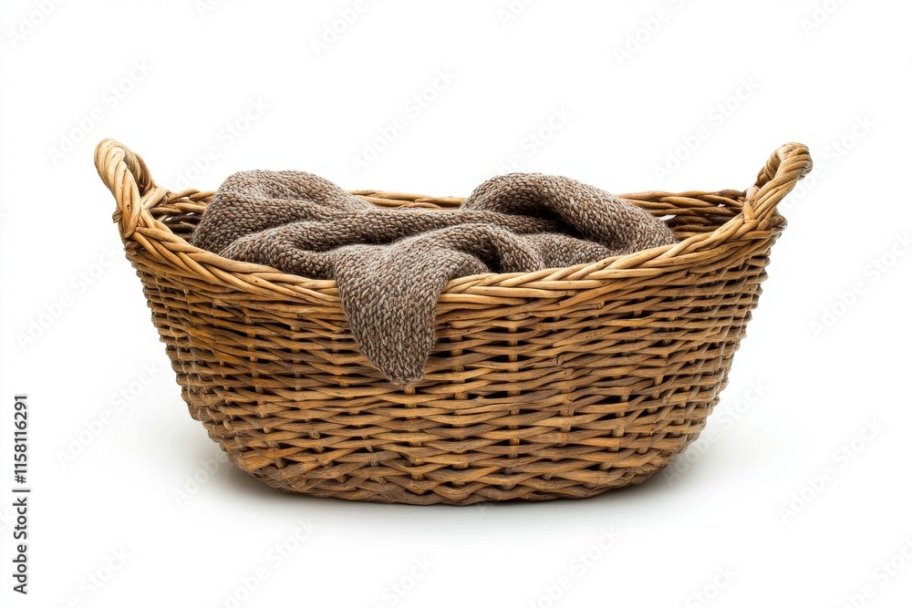 Obraz premium Wicker laundry basket with a brown knitted blanket inside. Perfect for rustic, cozy, or home-related designs.
