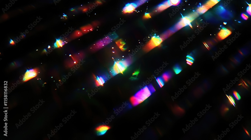 Fototapeta premium Prismatic light leaks with rainbow bokeh on dark background, Modern artistic design, abstract technology, digital effects