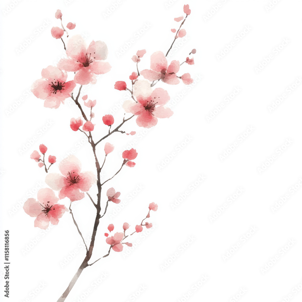Delicate watercolor plum blossom branch with pink flowers on white background Delicate watercolor plum blossom branch with pink flowers on white background
