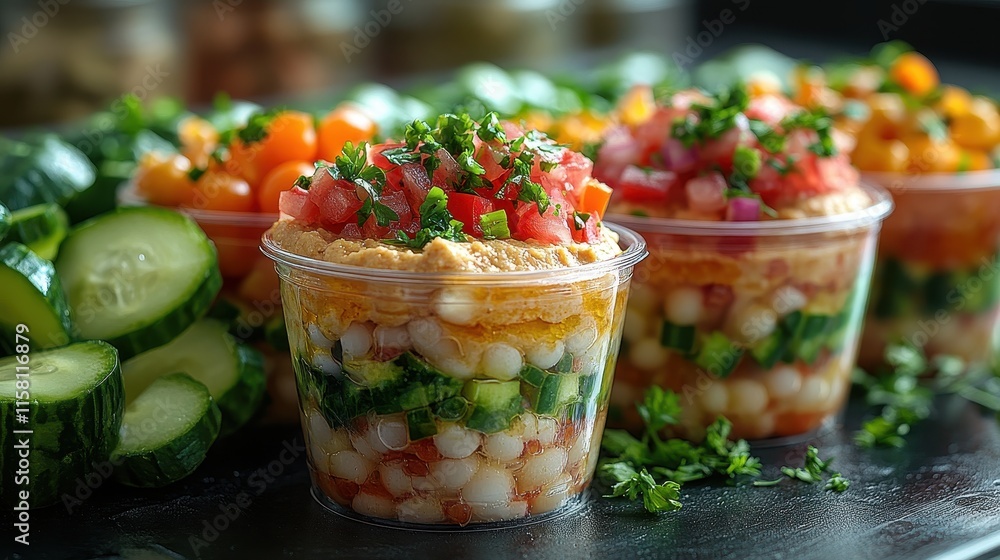 Hummus served in individual mini cups with fresh vegetable sticks. Hummus served in individual mini cups with fresh vegetable sticks.