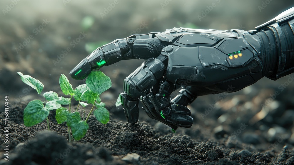 Robotic hand gently tending to a young plant in dark soil. Robotic hand gently tending to a young plant in dark soil.