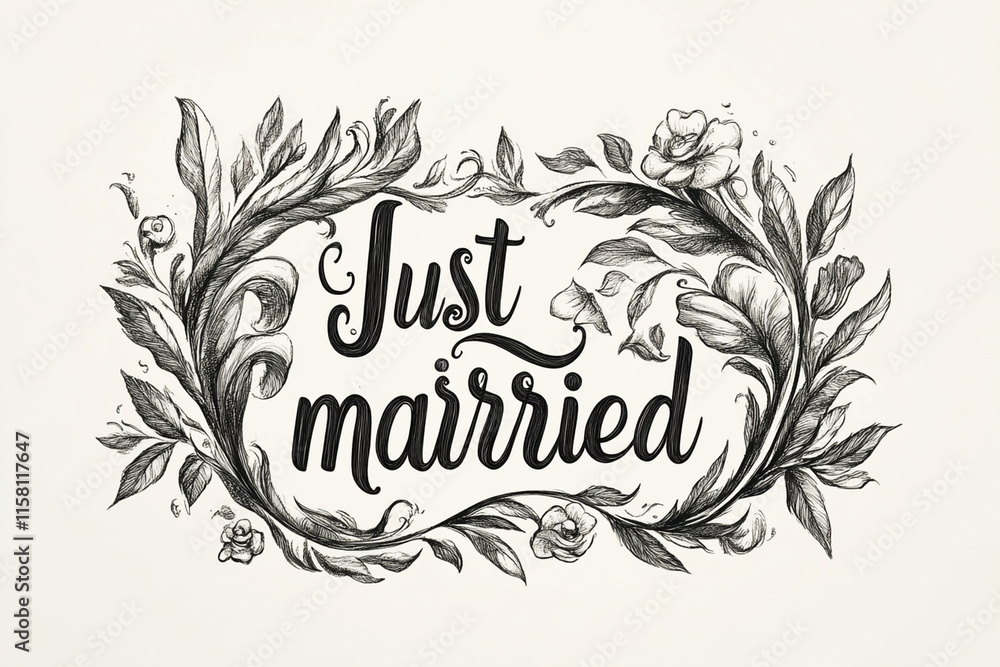 Artistically designed Just Married text surrounded by floral elements in a whimsical style Artistically designed Just Married text surrounded by floral elements in a whimsical style