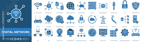 Digital Network icon. Wi-Fi Connection, Network Signal, Data Transfer, Internet Connection and Cloud Network