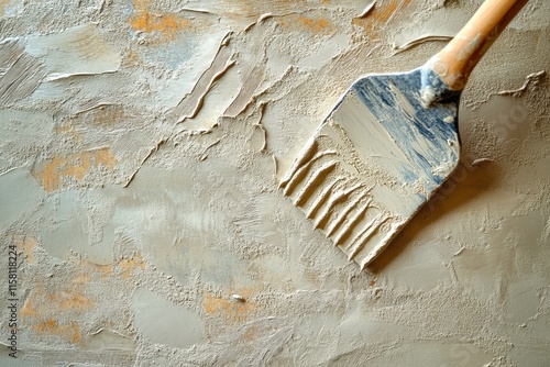 A textured putty knife applies beige plaster, creating an abstract design. Ideal for backgrounds, home improvement, or art projects needing a textured look. photo