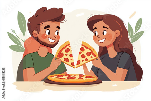 Couple enjoys sharing pizza in a cozy indoor setting with plants in the background