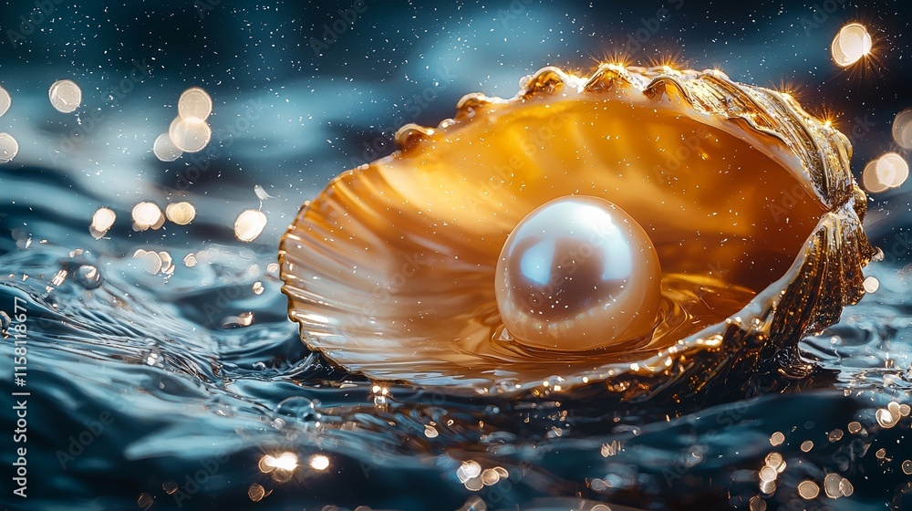 Luxury pearl in a shell floating on shimmering water with black and gold contrast, showcasing calm ripples, sparkling highlights, and golden spiral composition for an elegant and valuable concept.