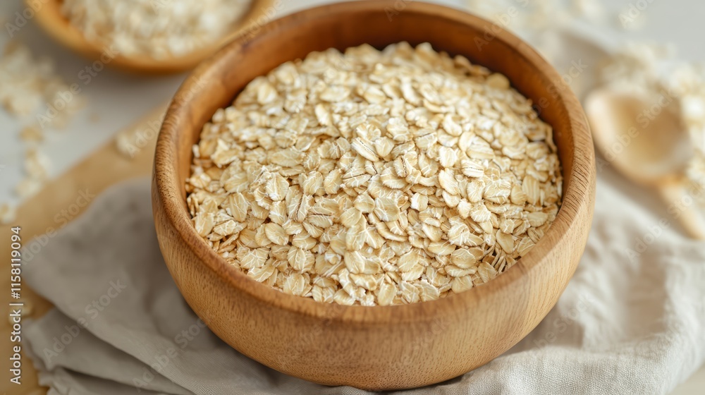 Oatmeals. A close-up view of a wooden bowl filled with rolled oats, perfect for a healthy breakfast or baking. Oatmeals. A close-up view of a wooden bowl filled with rolled oats, perfect for a healthy breakfast or baking.