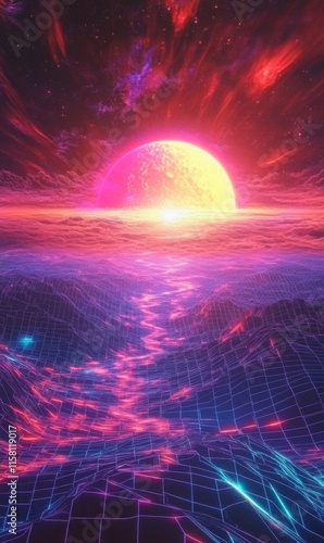 Retro wave-inspired glowing horizon  vivid pink sun with stripes  surreal grid mountains in neon blue and purple  cosmic vaporwave vibe