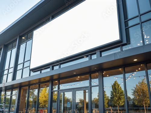 An exterior view of a modern commercial building featuring a large, blank white rectangular billboard at the top, perfect for advertising or branding purposes. photo