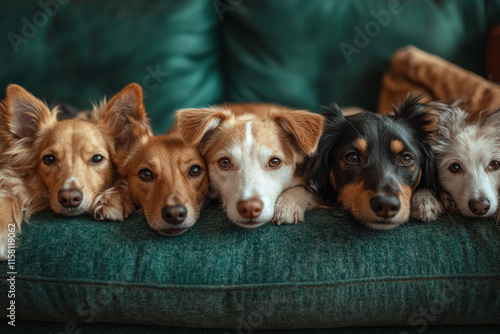 Five dogs lounging calmly together on a green couch in a cozy living room