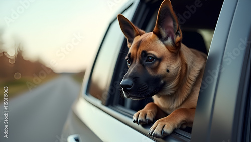 A German shepherd dog looking outside of a car during long trip with it's owner.
