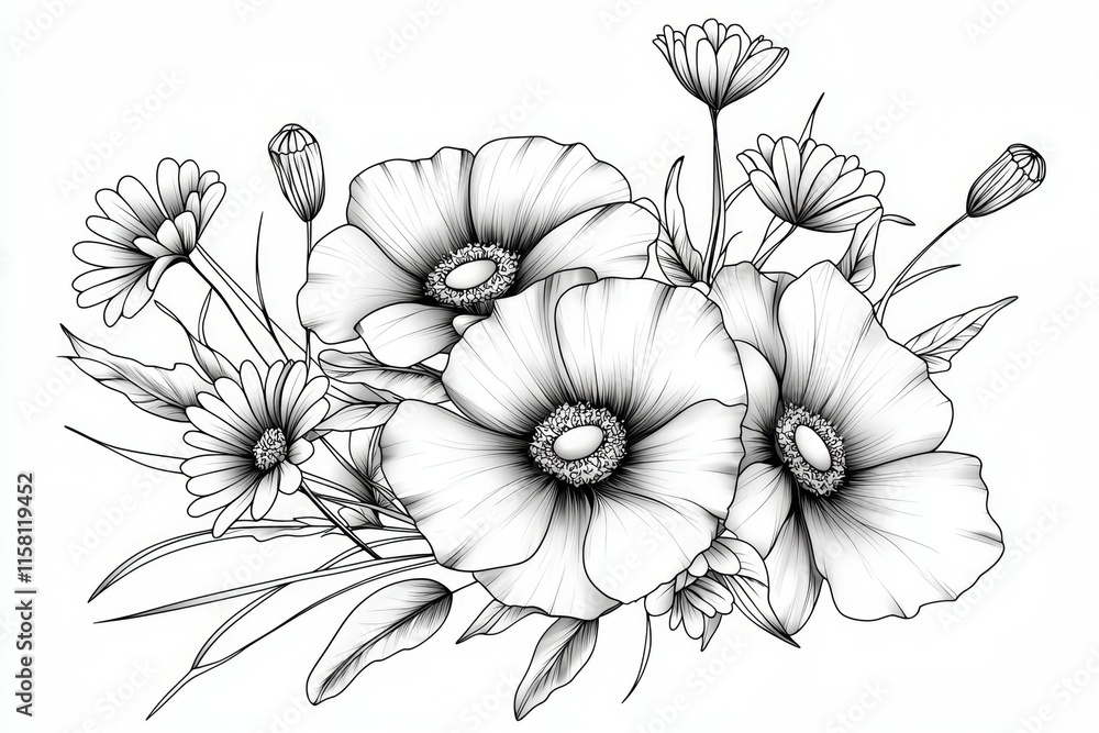 A drawing of a bouquet of flowers with a black and white color scheme A drawing of a bouquet of flowers with a black and white color scheme