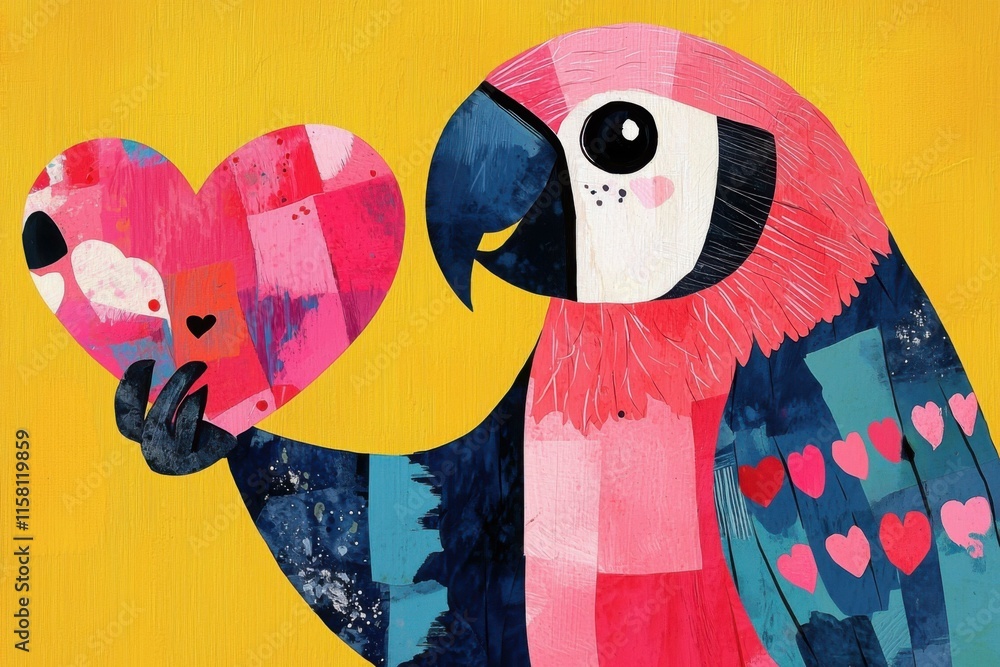 Fototapeta premium Colorful parrot holding heart art illustration vibrant background
