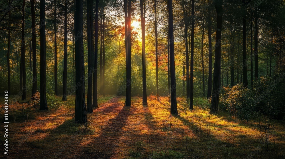 Obraz premium Sandalwoods. A serene forest scene with sunlight filtering through trees, creating beautiful patterns and warm highlights on the forest floor.