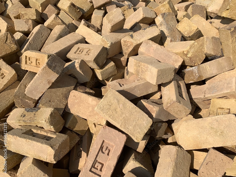 Stock of freshly produced red bricks in a construction warehouse on the street. Concept of repair and building materials Stock of freshly produced red bricks in a construction warehouse on the street. Concept of repair and building materials