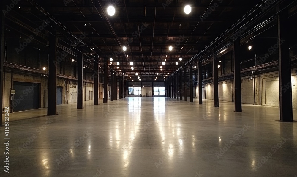 Expansive, empty industrial warehouse interior with polished concrete floor and high ceilings, showing large open space and potential. Expansive, empty industrial warehouse interior with polished concrete floor and high ceilings, showing large open space and potential.