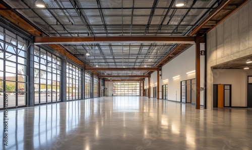 Spacious modern industrial interior with large windows and polished concrete floor.