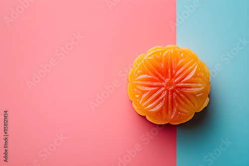 Orange Mooncake on Dual-Tone Pink and Blue Background. photo