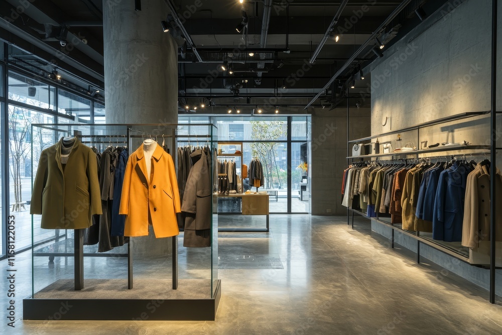 Modern clothing store interior with coats and jackets displayed on racks. Modern clothing store interior with coats and jackets displayed on racks.