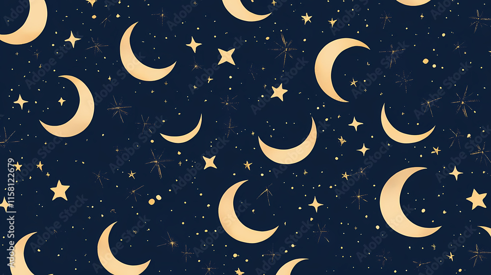 Naklejka premium Minimalist star patterns and crescent moons arranged on a deep navy background. Crescent. Illustration
