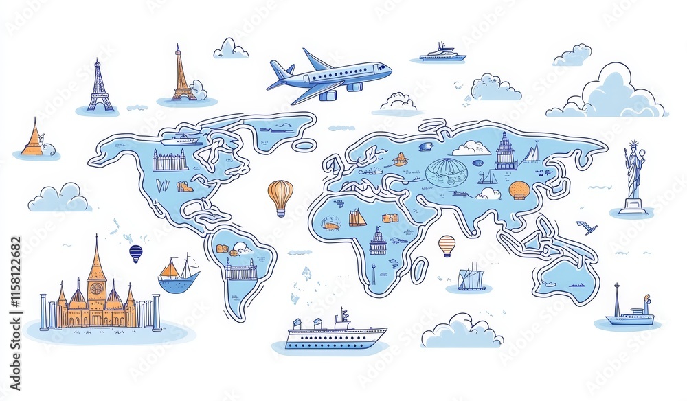 Naklejka premium World map illustration with travel icons, depicting airplanes, ships, landmarks, and hot air balloons.