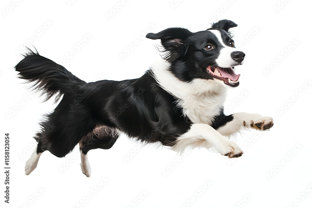A joyful black and white dog leaps in the air, showcasing energy and playfulness. A joyful black and white dog leaps in the air, showcasing energy and playfulness.