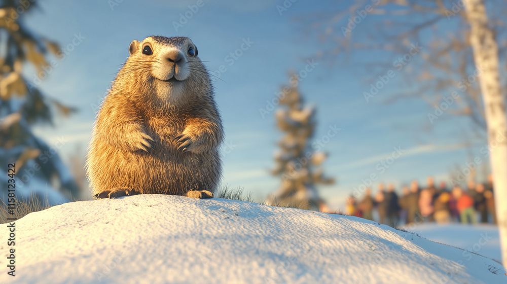 Obraz premium a groundhog stands in a funny pose on a small snowy hill, the winter sun shines dimly in the blue sky, Ai generated images
