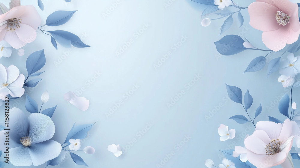 Fototapeta premium soft blue gradient background with floral accents in the corners, Ai generated images
