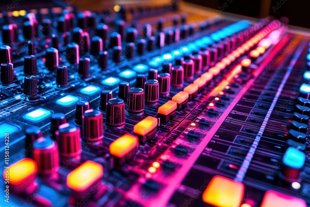 Fototapeta premium Close-up of a vibrant sound mixing console with illuminated buttons and knobs. Perfect for music, technology, or audio production projects.