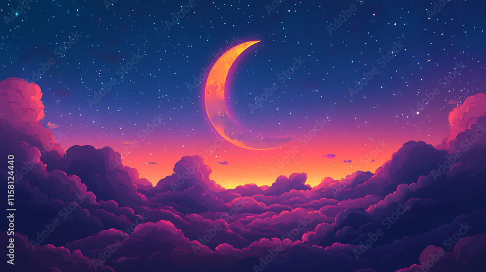 Fototapeta premium Ethereal starry night with a crescent moon over clouds, radiant constellations, dreamlike atmosphere, celestial fantasy landscape. Crescent. Illustration