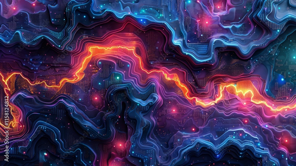 Abstract vibrant digital art with glowing lines and layered textures. Abstract vibrant digital art with glowing lines and layered textures.