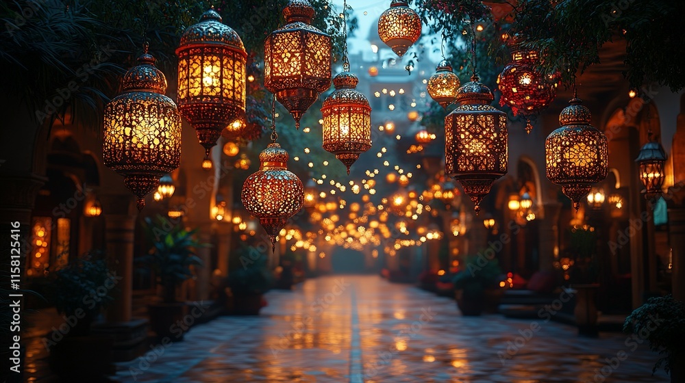 Obraz premium Illuminated Pathway With Intricate Hanging Lanterns