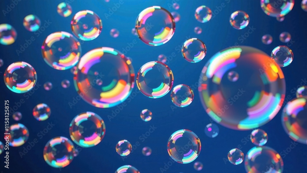 Vibrant soap bubbles dance across the dark blue sky, their varying shapes and hues suspended in mid-air, creating a whimsical and mesmerizing scene Vibrant soap bubbles dance across the dark blue sky, their varying shapes and hues suspended in mid-air, creating a whimsical and mesmerizing scene