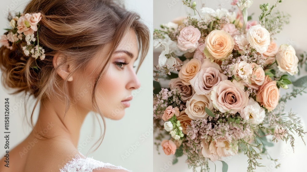 Naklejka premium Close-up of wedding flowers arranged beautifully in the bride's hair and bouquet. 