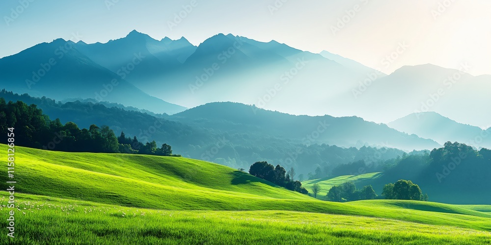 Rolling Hills with Misty Mountains and Green Fields Rolling Hills with Misty Mountains and Green Fields
