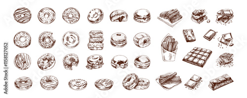 Hand-drawn vintage sketch set of donuts, churros, and chocolates