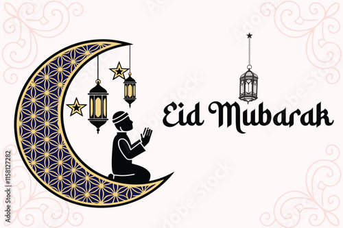 Beautiful Eid Mubarak design featuring a decorative crescent moon with a praying silhouette, lanterns, and stars. Perfect for Islamic celebrations and decor.

